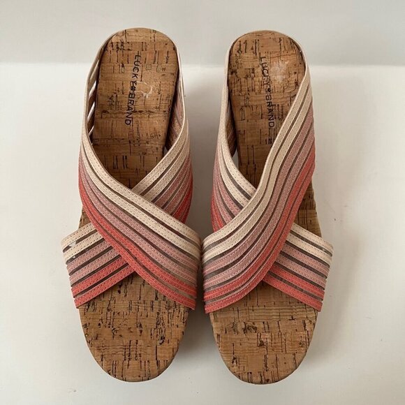 Pink Ombre Stripes Boho Beach Wedge Cork Platform Sandals Women Size 10 - Picture 1 of 12
